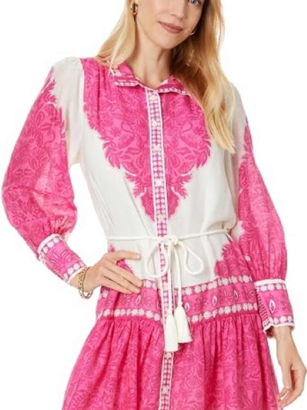 NWT Lilly Pulitzer Pink White Long Sleeve Button Front Belted Dress Sz 14